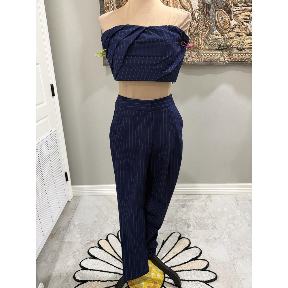 Forever 21 Two Piece Set Womens Small Blue Pinstripe Strapless Top Pleated Pants